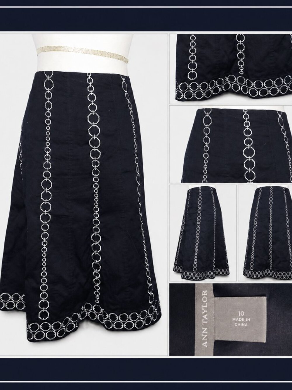 Ann Taylor Navy Embroidered A-Line Midi Skirt Size 10 Blue White Ring Detail